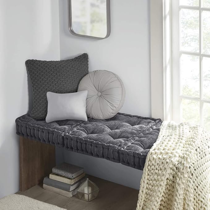 Intelligent Design Azza Floor Pillow, Large Cushions Sitting for Adults, Floor Pillow for Meditation or Yoga, Lustrous Chenille Tufted with Scalloped Edges for Bench/Chair Cushion, 20"x20"x5" Charcoal