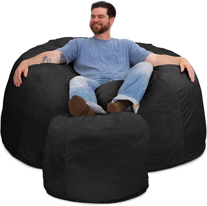 ULTIMATE SACK 5000 5-Foot Bean Bag Chair with Footstool, Charcoal Fur Cover – Oversized Foam Lounger, Floor Seat, Small Sofa, or Couch Bed for Living Area, Gaming Room, or Reading Lounge