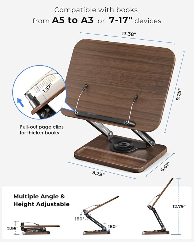 Viozon Book Stand for Reading, Book Holder 360° Rotating Base with Pen Slot, Foldable Reading Display Stand with Elastic Page Clips for Cookbook, Recipe, Textbook, Tablet, Laptop.