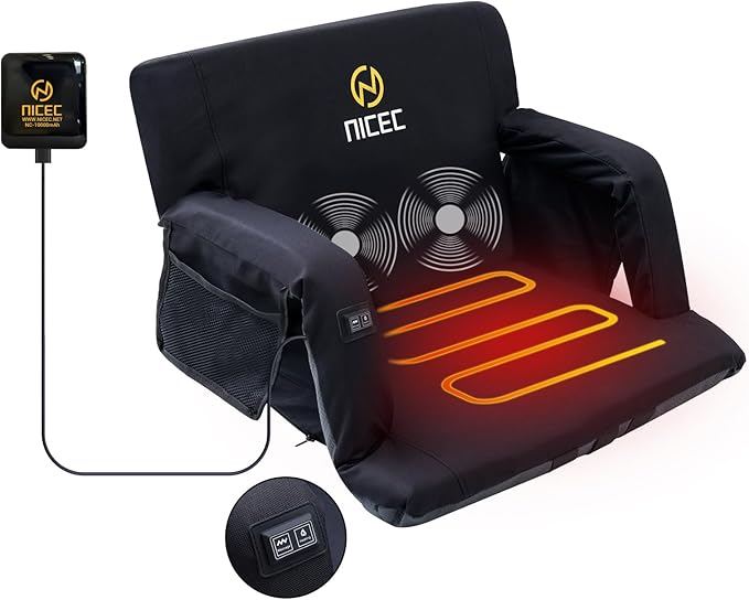 Nice C Heated Massage Stadium Seats, Floor Chair, Bleacher Seats, Reclining Waterproof Cushion, Foldable, Thick Padding, with Shoulder Straps & Side Pockets