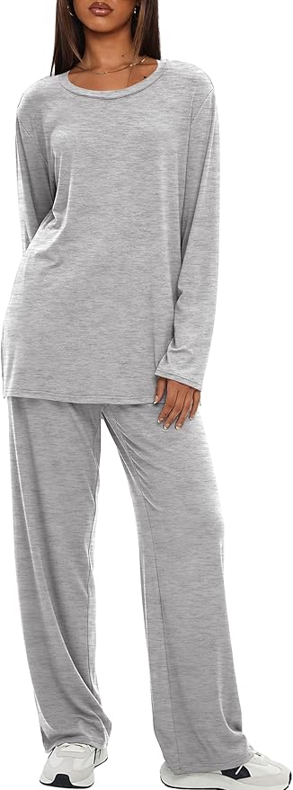 Darong Women's 2 Piece Lounge Set Casual Long Sleeve Crew Neck Tops Wide Leg Pants Travel Airport Outfit Matching Sets