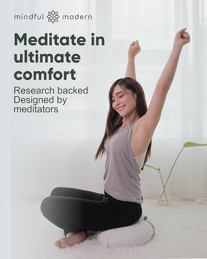 Mindful Modern Large Meditation Cushion | Zafu Yoga Bolster Meditation Floor Pillow Seat | Buckwheat Hull Filled Crescent Shaped Cushion with Removable Washable Cover + Carry Handle | White