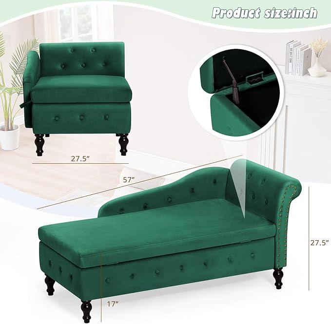 ACMEASE Chaise Lounge with Right Armrest & Lumbar Pillow,Button Tufted Lounge Sofa with Storage,Lounge Chair Indoor,Modern Upholstered Velvet Lounge Chair for Bedroom, Living Room and Office,Green
