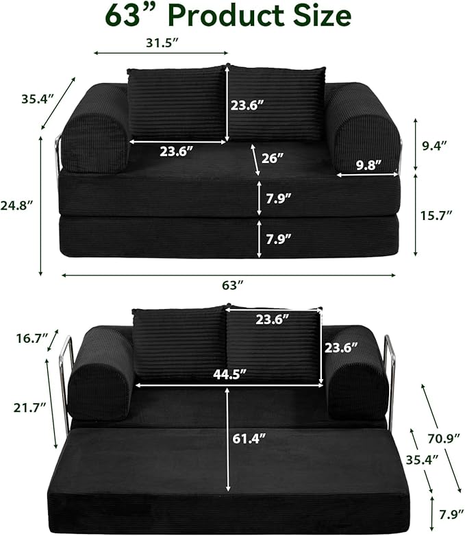 Folding Sofa Bed,63''Cozy Floor Sofa Lounge Couch, 4-in-1 Convertible Sleeper with Memory Foam, Space-Saving Floor Couch for Living Room, Bedroom, Apartment (Black)