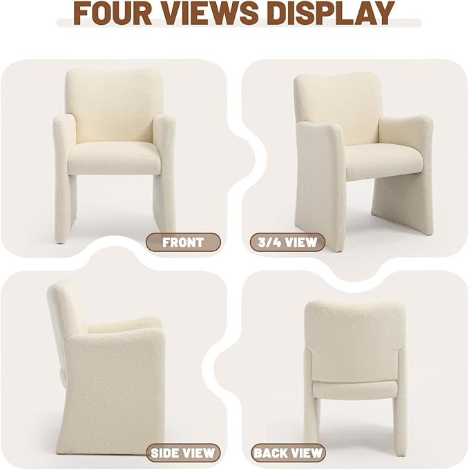 CIMOTA Boucle Dining Chairs Set of 4, Sherpa Upholstered Accent Chairs with Arms/Wood Legs, Comfortable Kitchen Chairs for Living/Reception/Dining Room, Beige