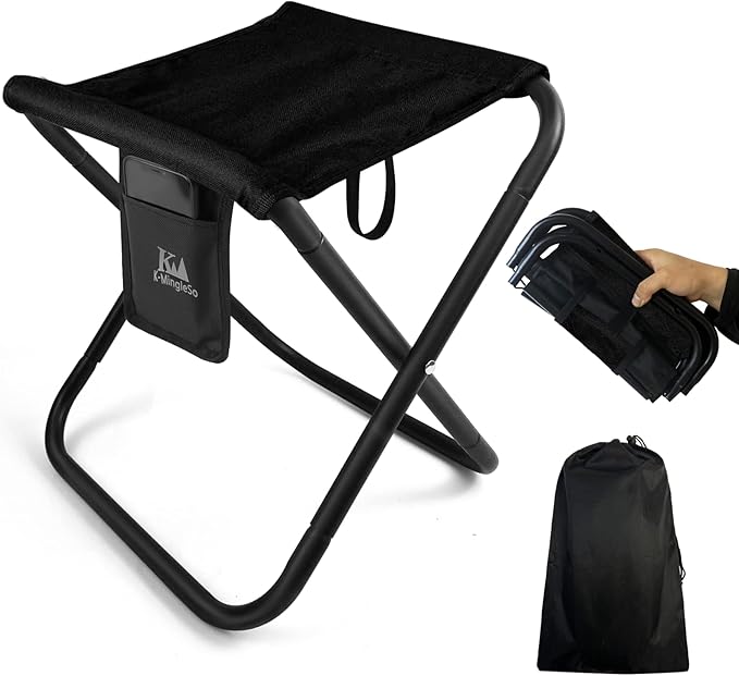 K-MingleSo Upgraded Portable Folding Stool, 13 Inch Camping Stool for Adults Fishing Hiking Gardening and Beach with Carry Bag, Hold Up to 450lbs[Black]