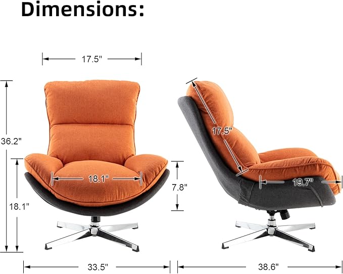 LukeAlon Linen Swivel Lounge Chairs Set of 2, Upholstered High Back Accent Chairs with Metal Base Comfy Recliner Chair Modern Single Sofa Chair for Living Room Office, Orange