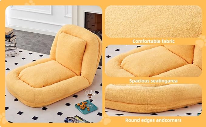 Cozy Yellow Folding Sofa Chair – 5 Adjustable Positions for Plush Lounge Comfort While Gaming, Meditating & Relaxing!