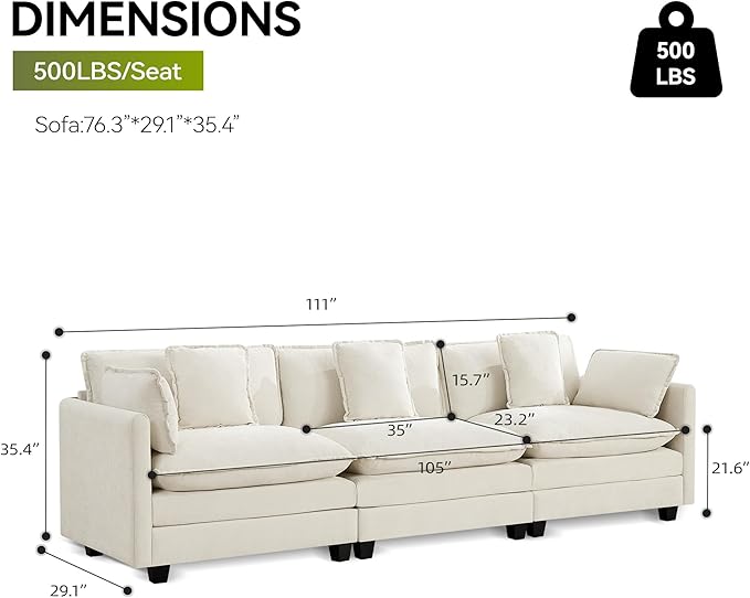 UMBFUN 3-Seater Cloud Couch, Oversized Modular Sectional Sofa with Deep Seat Soft Cushions, Comfy Chenille Couch for Living Room, Apartment & Family Space, Beige