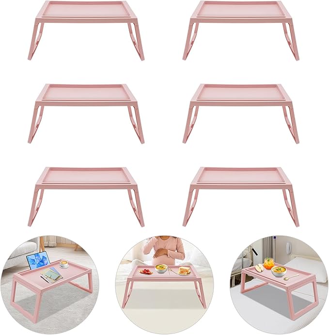 DUSNDULR 6 Pack Bed Tray Table, Foldable Laptop Desk Cute Serving Food Trays with Folding Legs & Charging Hole for Eating Reading Working (Pink)