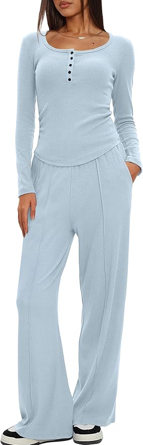Darong Womens 2 Piece Matching Lounge Sets 2026 Long Sleeve Henley Shirts Wide Leg Pants Airport Travel Outfits