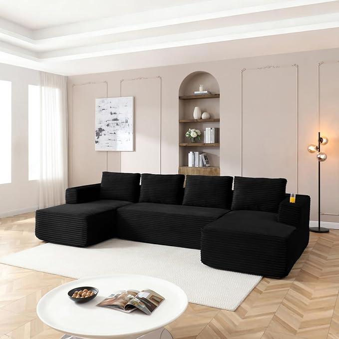132" Modular Sectional Sleeper Sofa, Boneless Cloud Couch for Living Room, U Shaped 5 Seat Sofa with 2 Cup Holders, Free Combination, No Assembly Required (Black)