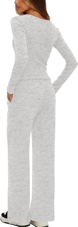 Darong Womens 2 Piece Matching Lounge Sets 2026 Long Sleeve Henley Shirts Wide Leg Pants Airport Travel Outfits