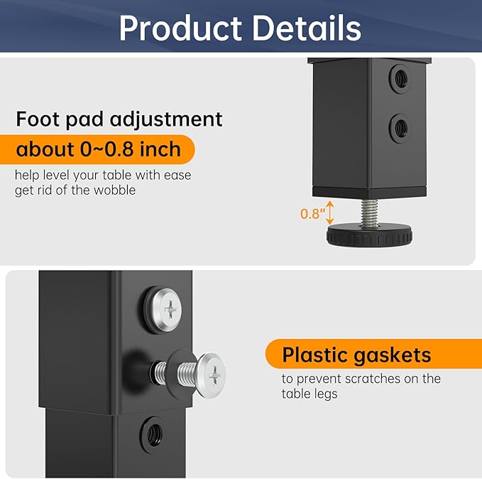 POROHOM 4PCS Adjustable Square Table Leg (14-24inch)，Metal Desk Legs, Home Office DIY Furniture Leg Set for Tables, DIY desks, Counter Tops, Kitchen Tables,Office Desk (Black)