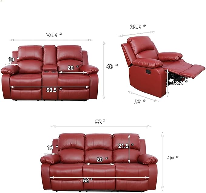 AYCP Bonded Leather 3 Pieces Reclining Sofa Set (Loveseat, Sofa) with Storage and Dropdown Coffee Tables, Red