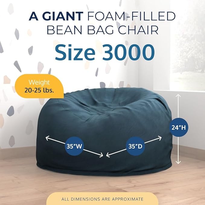 Ultimate Sack 3000 3-Foot Bean Bag Chair, Cloud Suede Cover – Oversized Foam Lounger, Floor Seat, Small Sofa, or Couch Bed for Living Area, Gaming Room, or Reading Lounge