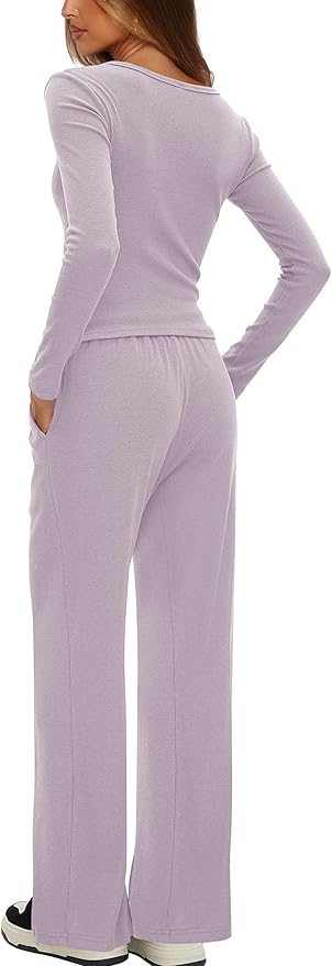 Darong Womens 2 Piece Matching Lounge Sets 2026 Long Sleeve Henley Shirts Wide Leg Pants Airport Travel Outfits