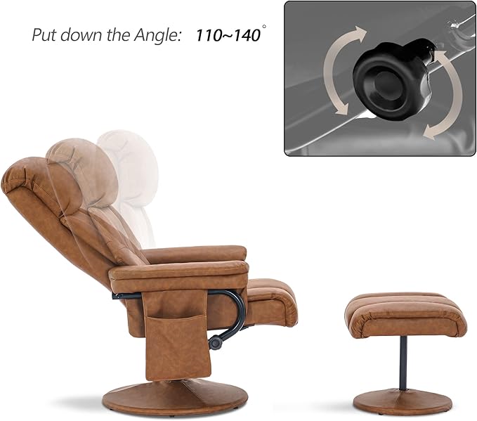 MCombo Swivel Recliner with Ottoman, TV Chair with Vibration Massage, Ideal for RV Small Space, Living Room & Bedroom 4539 4828 (Faux Leather, Saddle)