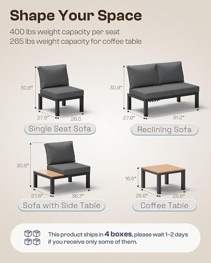 Oasbira Aluminum Modular Outdoor Patio Furniture Set, 6 Seats Patio Sectional Sofa Set with Adjustable Backrest & Thick Cushions, All-Weather Conversation Sets with Table for Garden & Yard, Graphite