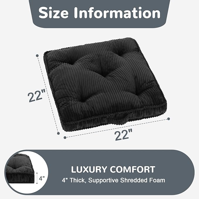 PRIMEPATIO Square Floor Pillow for Adults, Tufted Floor Cushion for Sitting, Large Meditation Cushion, Thick Corduroy Seat with Handle, Tatami Seating for Yoga, 22x22 Inch Dark Grey, 2Pack