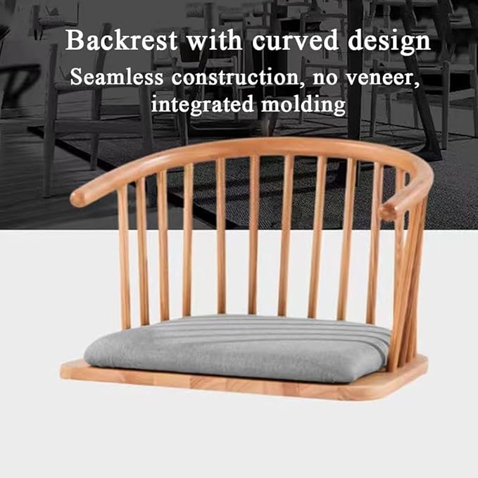 Solid Wood Floor Chair with Curved Back, Multi-Functional Low Stool for Living Room, Bedroom, Meditation Chair with Removable Cushion, Comfortable Legless Accent Chair(Brown)