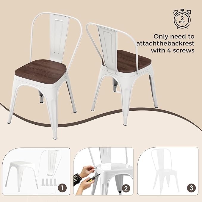 Metal Dining Chairs Set of 4,Stackable Tolix Chair Indoor/Outdoor for Kitchen,Cafe,Restaurant,Bistro & Patio Multiple Colors with High Backrest and Wood Seat(White)