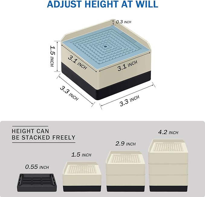 ANNKUT Bed Lifts Risers 1.5 inch, Square Adjustable Risers Blocks for Bed Sofa Table and Couch Lifting，Heavy Duty Support Up to 1,300 Lbs (4 Pack-Apricot)