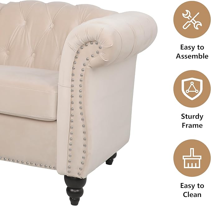 QHITTY Accent Large Sofa, Chesterfield Couch 3 Seater Modern Velvet Couch Upholstered Sofa with Tufted Back for Living Room Furniture (Beige)