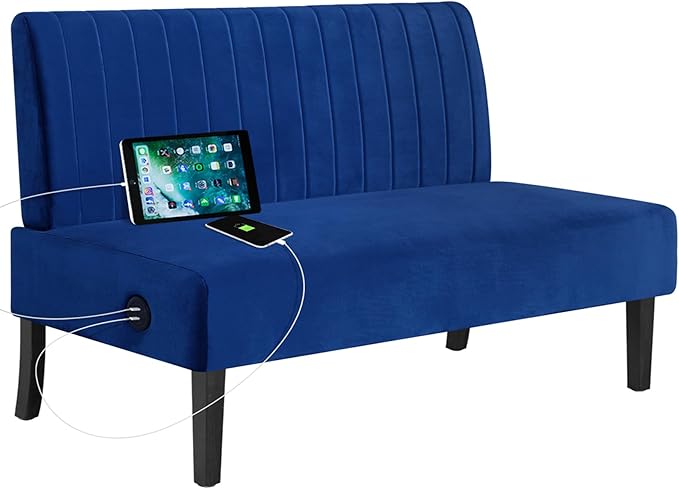 STHOUYN Mini Comfy Couch Armless Loveseat Sofa with USB Port, Velvet Couches for Small Spaces Living Room, Apartment Office Dorm (Navy Blue)