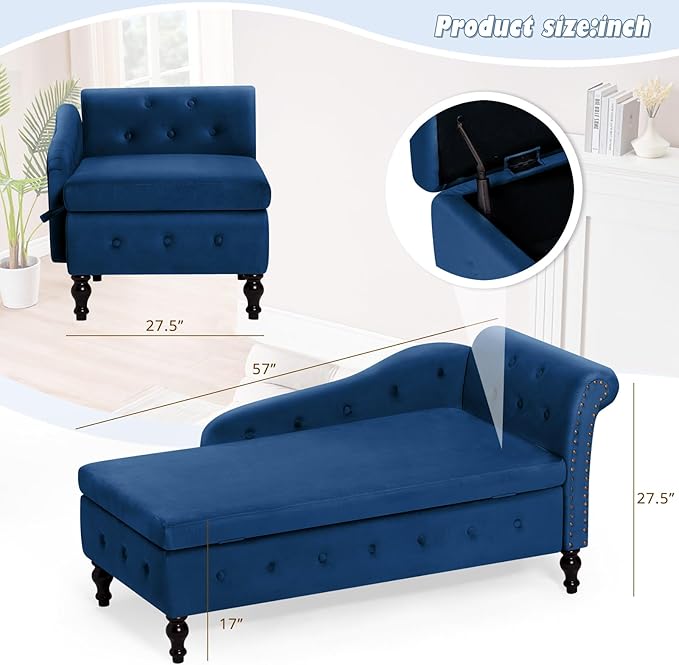 ACMEASE Upholstered Chaise Lounge with Right Armrest & Lumbar Pillow,Button Tufted Lounge Sofa with Storage,Lounge Chair Indoor,Modern Velvet Lounge Chair for Bedroom, Living Room and Office,Blue