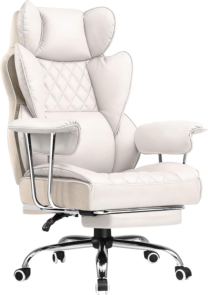 COMHOMA Big and Tall Office Chair, High Back Leather Gaming Chair with Footrest, Executive Ergonomic Office Chairs with Pocket Spring Lumbar Support and with Outward Fixed Soft Armrests
