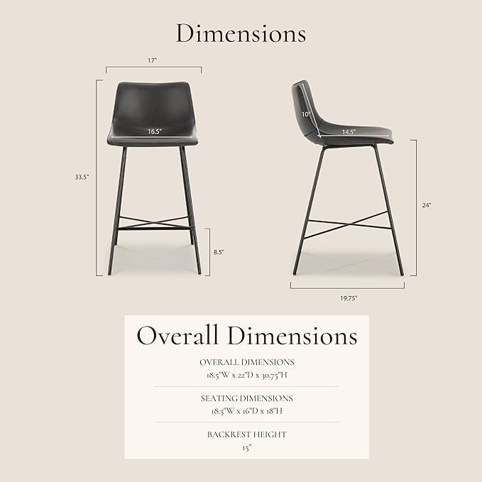 POLY & BARK Paxton Leather Counter Stools 24 Inches - Set of 2 - Counter Height Bar Stools with Back - Modern Barstools for Kitchen Island or Counters - Faux Leather & Matte Black Steel Base - Gray