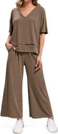 Tankaneo Womens 2 Piece Sets Casual Tracksuits Short Sleeve Tops Wide Leg Pants Outfits Lounge Sets