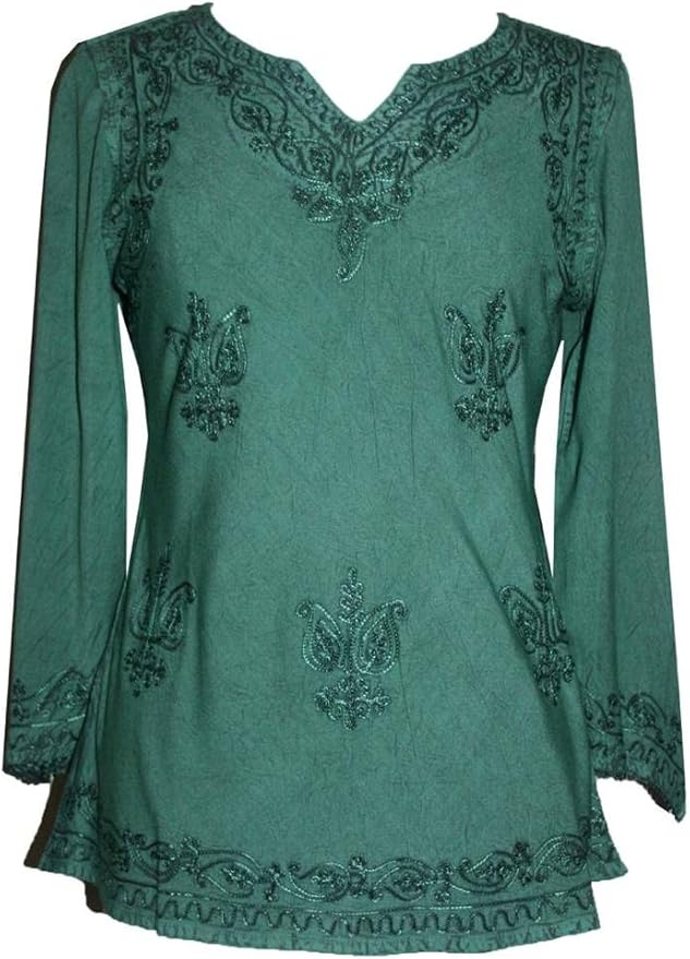Agan Traders 2025 Winter Long Sleeve Diamond Neck Embroidered Tops - Medieval Boho Vintage Tunic Kurta Blouses for Women