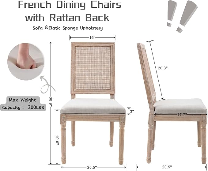 CIMOTA Farmhouse Dining Chairs Set of 2, French Rattan Dining Room Chairs with Rectangle Back/Distressed Wood Upholstered Vintage Side Chairs for Kitchen/Restaurant, Beige/2PCS