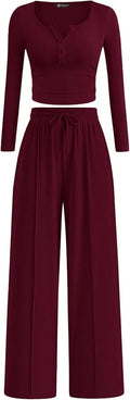 PRETTYGARDEN Women's 2026 Fall Trendy 2 Piece Outfits Lounge Sets Long Sleeve Top Henley Shirts Wide Leg Pants Travel Clothes