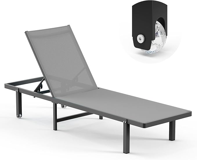 Chaise Lounge Outdoor, Pool Lounge Chairs with Wheels and 5-Position Recliner -Easy to Move- Aluminum Patio Lounge Chair for Poolside, Deck (Darkgray)