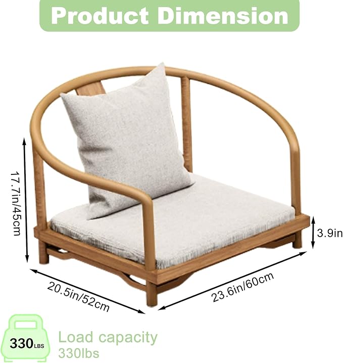 Wooden Japanese Floor Chair with Cushion, Multifunctional Floor Armchair with Backrest, Accent Meditation Legless Back Rest Chairs for Living Room, Bedroom, Balcony