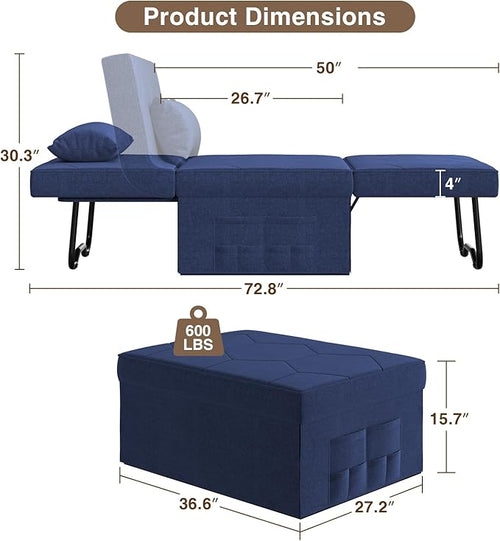 4 in 1 Sleeper Chair, Convertible Sleeper Sofa with Ottoman, Ottoman Bed for Adults, Sofa Bed with Adjustable Backrest for Living Room Apartment Office, Jean Blue