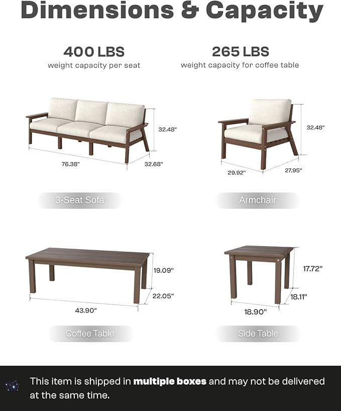 Patio Kingdom Patio Furniture Set 8 Seats, HDPE Outdoor Sectional with Beige Washable Thick Cushions, Coffee Table, Patio Conversation Sets for Lawn, Garden, Porch, Balcony, Deck (Brown Frame)