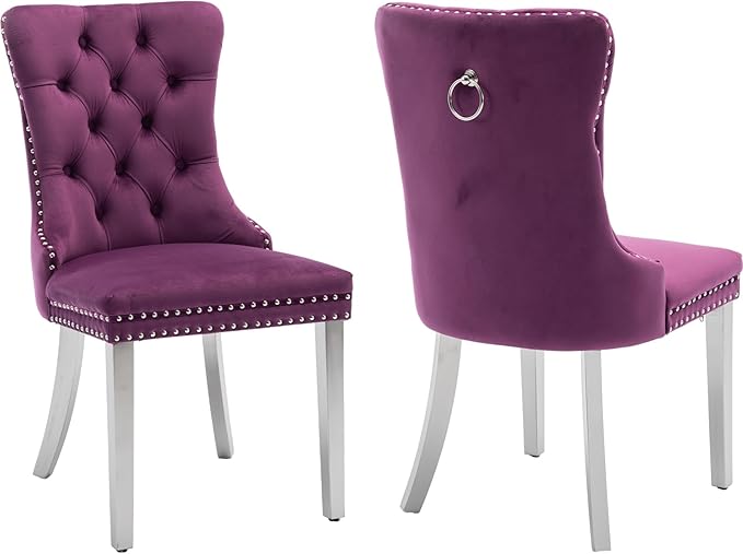 YeahFurn Mid Century Modern Dining Chairs Set of 2, Purple Velvet Upholstered Tufted Back, Kitchen & Dining Room Chairs, Brushed Silver Metal Legs, Nailhead Trim, Sillas para Comedor (Purple, 2 Pcs)