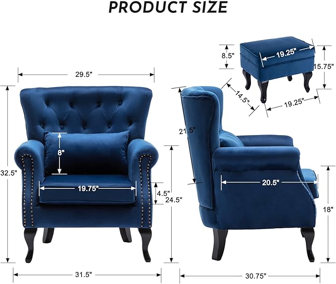 LZAREAL Accent Reading Arm Chairs with Ottoman Set of 2 for Living Room Bedroom, Midcentury Modern Corner Sofa Chair, Wingback Waiting Room Club Chair with Tufted Back &Lumbar Pillow, Velvet Blue