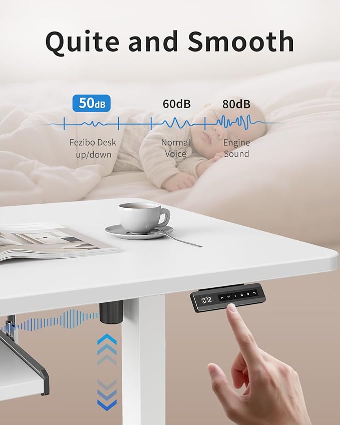 FEZIBO Standing Desk with Keyboard Tray, 60 x 24 Inch Adjustable Height Sit Stand Desk with Memory Presets for Home Office, Ergonomic Computer Workstation, White