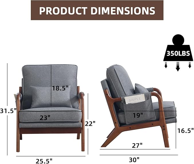 CANMOV Mid Century Modern Accent Chair with Extra Side Storage Pocket Upholstered Reading Armchair with Waist Cushion, Accent Chair for Living Room Bedroom, Easy Assembly, Grey