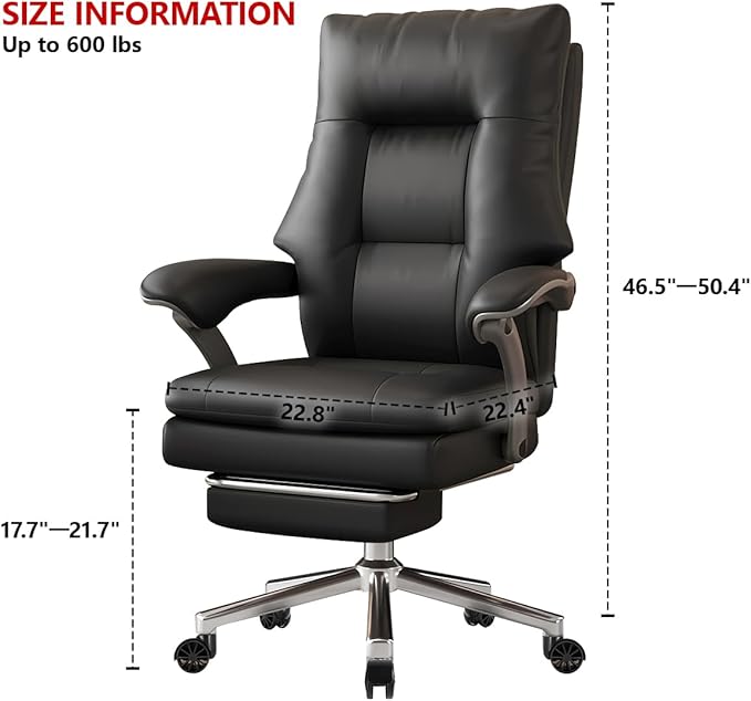 WXJHL Big and Tall Office Chair 600 lbs Wide Seat, Leather High Back Executive Office Chair with Leg Rest, Ergonomic Desk Chairs with Lumbar Support for Home Office, Black
