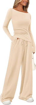 PRETTYGARDEN Women's 2 Piece Lounge Sets Asymmetrical Long Sleeve T Shirt Wide Leg Pants Casual Outfits Tracksuit