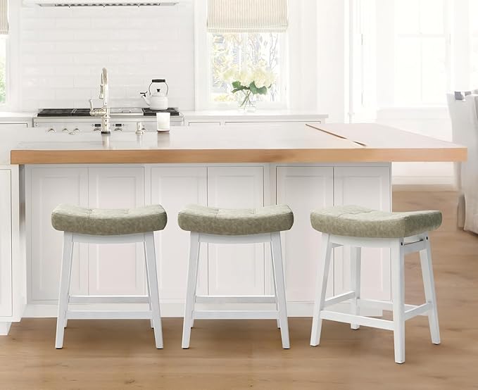 RNKSFX Counter Height Bar Stools Set of 3 for Kitchen Counter Farmhouse Modern Barstools with Faux Leather Upholstered Backless Seat and Solid Wood Legs 24 inch Bar Chairs, Light Grey + White