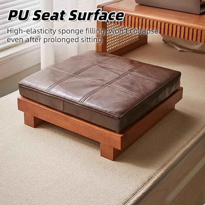 VZMEXOI Wooden Small Seating with Cushion, Low Meditation Seat, Single Sofa Floor Chair, Bay Window Sitting Chair, Floor Cushions for Living Room Relaxation(15.7"*15.7")