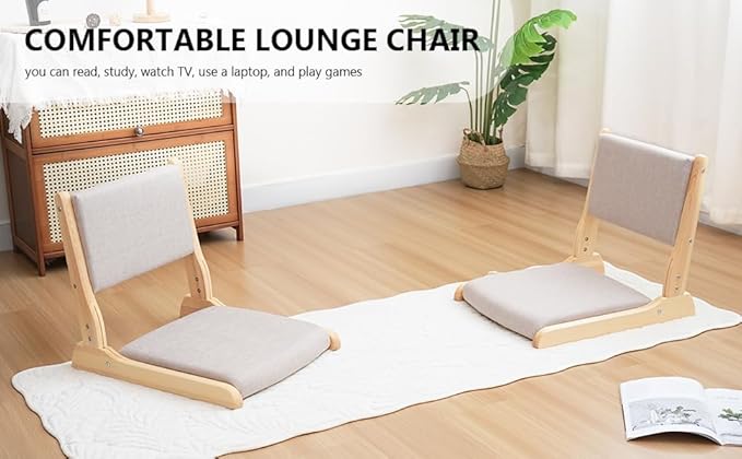 Japanese Floor Chair with Back Support, Foldable Meditation Chair, Legless Tatami Chair with Cushion, Floor Seat for Living Room, Bedroom, Bay Window (2, Gray)