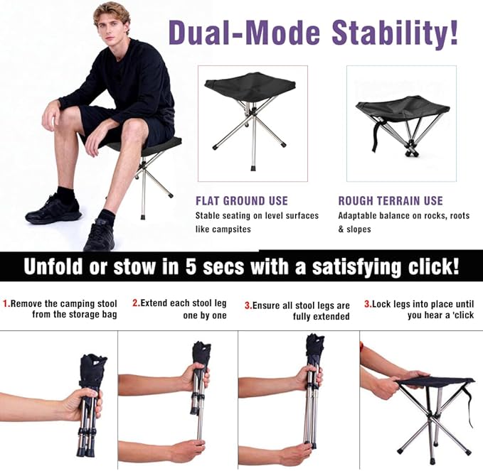 JVZI® Ultra-Light Backpacking Camping Stool - 275lbs Capacity, 1-Second Setup | Waterproof, Dual-Height Design for Camping, Bonfire,Fishing & Queues (1)